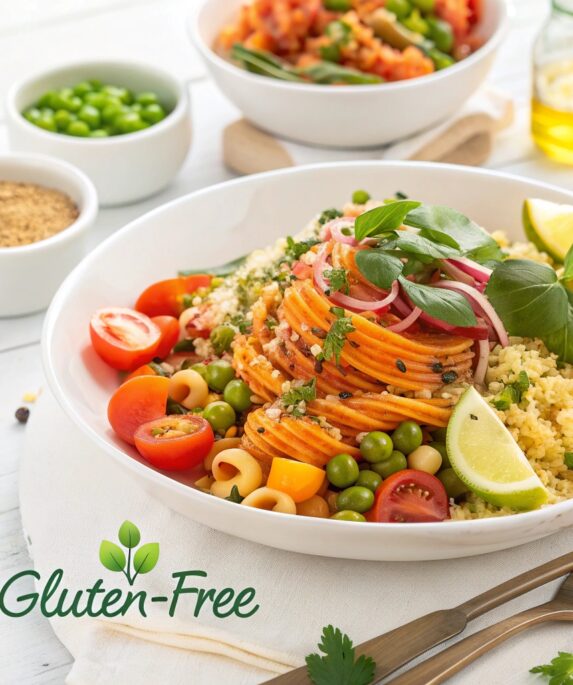 A vibrant plate of gluten-free pasta made from quinoa flour, topped with sautéed vegetables and herbs, perfect for gluten-free diets.