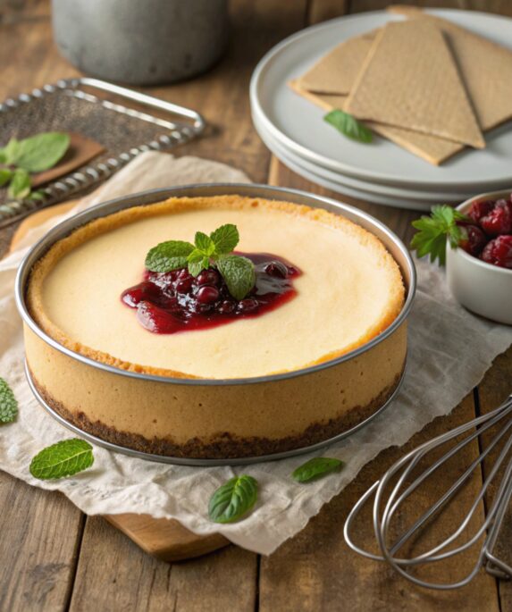 "Freshly baked cheesecake in a cake pan, topped with berry sauce and mint, showing tips for perfect results without a springform pan."