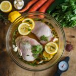 Chicken pieces marinating overnight in a glass bowl with lemon, garlic, and fresh herbs.