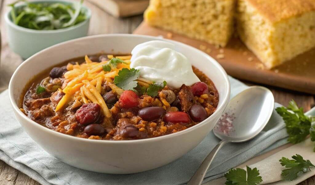 A bowl of chili con carne topped with cheese, sour cream, and cilantro, served with a side of cornbread on a rustic wooden table.