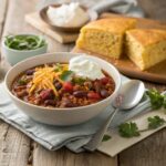 A bowl of chili con carne topped with cheese, sour cream, and cilantro, served with a side of cornbread on a rustic wooden table.