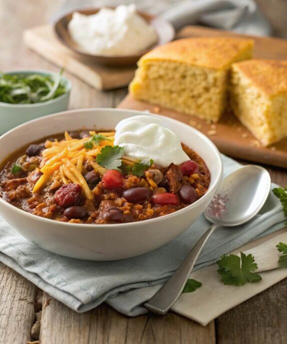 A bowl of chili con carne topped with cheese, sour cream, and cilantro, served with a side of cornbread on a rustic wooden table.