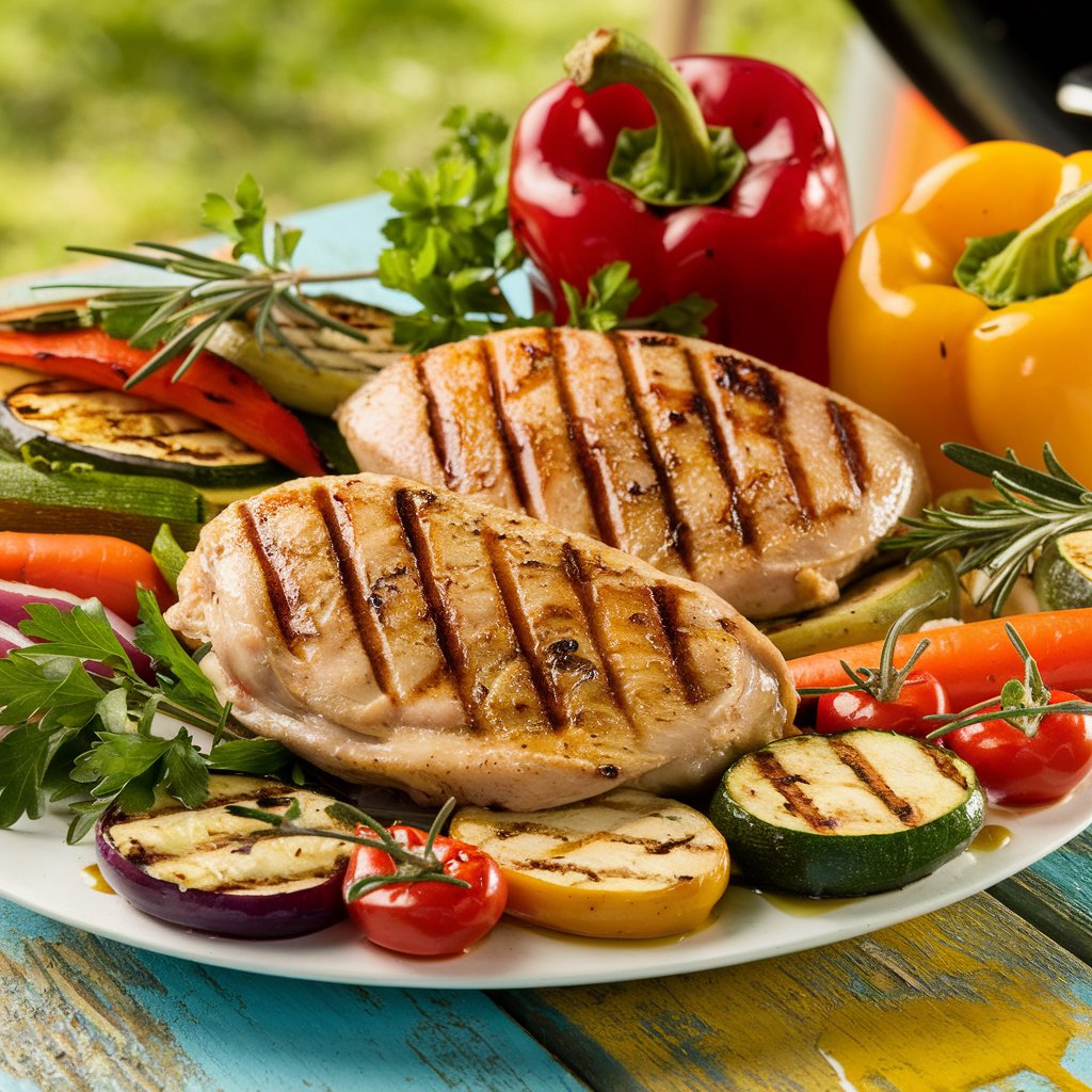 A platter of grilled chicken with golden grill marks, surrounded by colorful grilled vegetables like bell peppers, zucchini, carrots, and onions, garnished with fresh herbs.