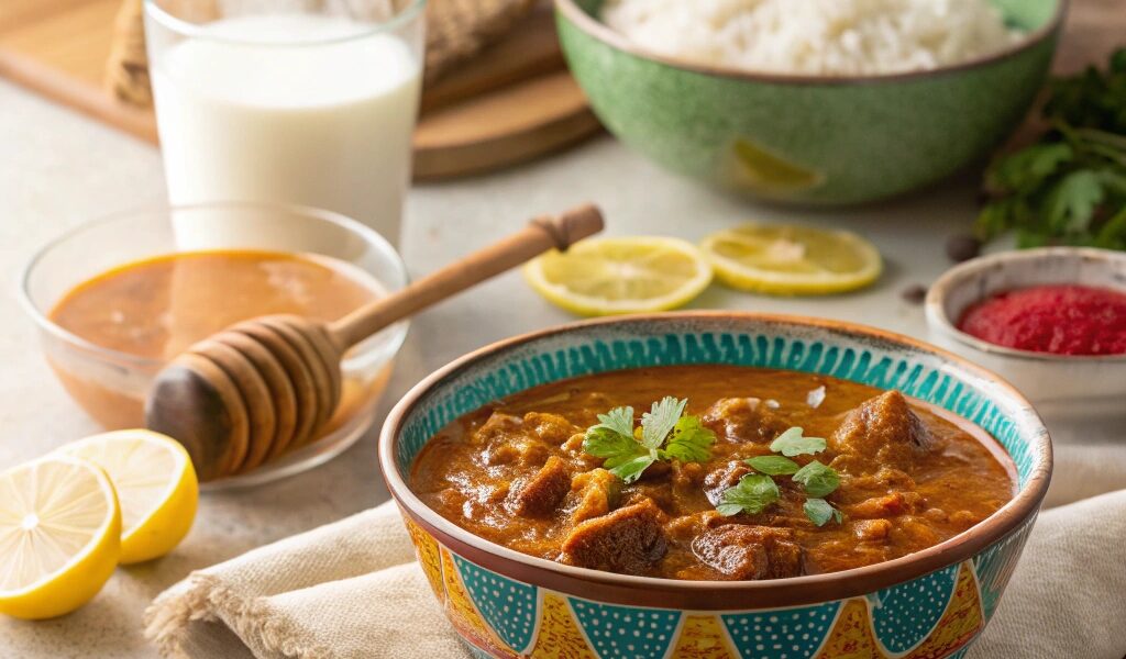 A bowl of spicy curry with steam rising, surrounded by milk, lemon slices, yogurt, honey, and rice for reducing spiciness.