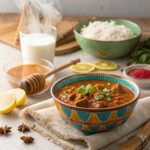 A bowl of spicy curry with steam rising, surrounded by milk, lemon slices, yogurt, honey, and rice for reducing spiciness.