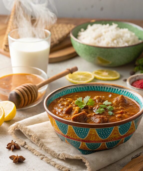 A bowl of spicy curry with steam rising, surrounded by milk, lemon slices, yogurt, honey, and rice for reducing spiciness.