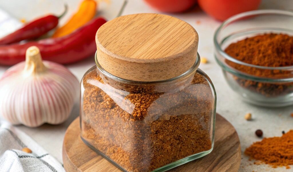 An artistic arrangement of spices for homemade taco seasoning, including chili powder, cumin, paprika, and more, with a labeled jar in the center.