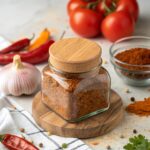 An artistic arrangement of spices for homemade taco seasoning, including chili powder, cumin, paprika, and more, with a labeled jar in the center.