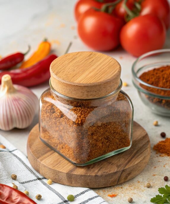 An artistic arrangement of spices for homemade taco seasoning, including chili powder, cumin, paprika, and more, with a labeled jar in the center.