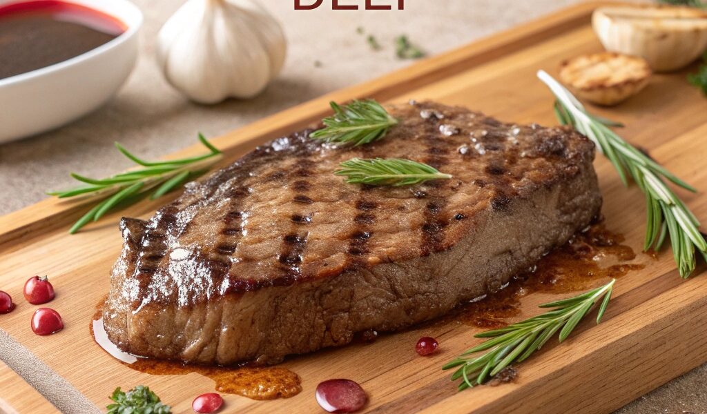 Juicy and flavorful beef steak resting on a wooden board with fresh herbs and garlic, highlighting its seared crust and succulent texture.