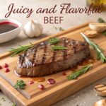 Juicy and flavorful beef steak resting on a wooden board with fresh herbs and garlic, highlighting its seared crust and succulent texture.