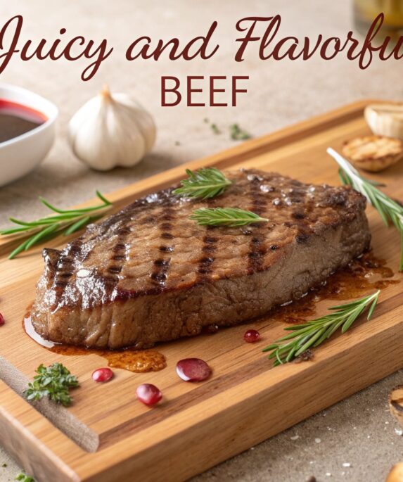 Juicy and flavorful beef steak resting on a wooden board with fresh herbs and garlic, highlighting its seared crust and succulent texture.