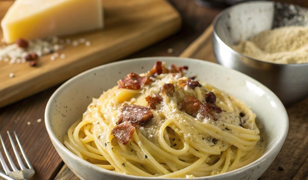 A plate of creamy carbonara pasta with glossy spaghetti coated in a rich sauce, topped with crispy guanciale, Pecorino Romano cheese, and fresh parsley.