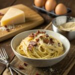 A plate of creamy carbonara pasta with glossy spaghetti coated in a rich sauce, topped with crispy guanciale, Pecorino Romano cheese, and fresh parsley.