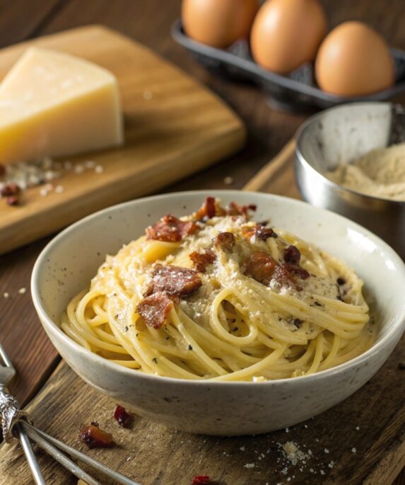 A plate of creamy carbonara pasta with glossy spaghetti coated in a rich sauce, topped with crispy guanciale, Pecorino Romano cheese, and fresh parsley.