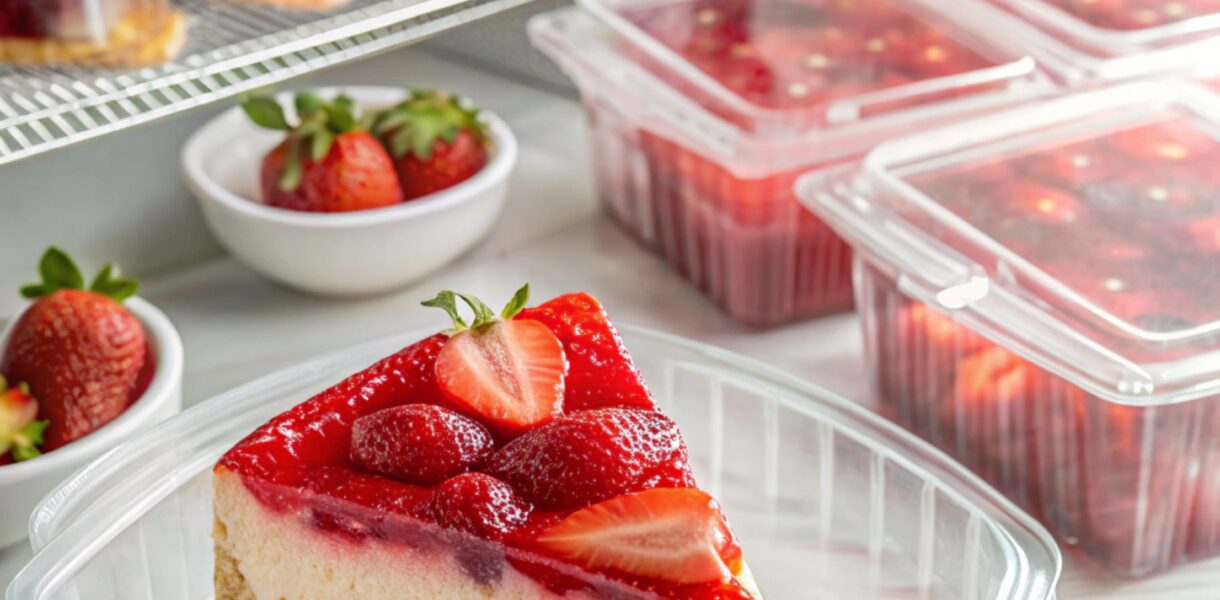 "Fresh strawberry cheesecake with glossy strawberry topping on a white plate, highlighting proper storage techniques for shelf life."