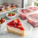 "Fresh strawberry cheesecake with glossy strawberry topping on a white plate, highlighting proper storage techniques for shelf life."