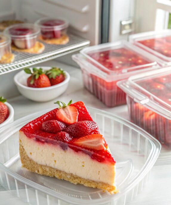 "Fresh strawberry cheesecake with glossy strawberry topping on a white plate, highlighting proper storage techniques for shelf life."