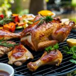 Grilled chicken pieces on a barbecue grill with BBQ sauce and fresh herbs, surrounded by roasted vegetables and marinade in an outdoor setting.