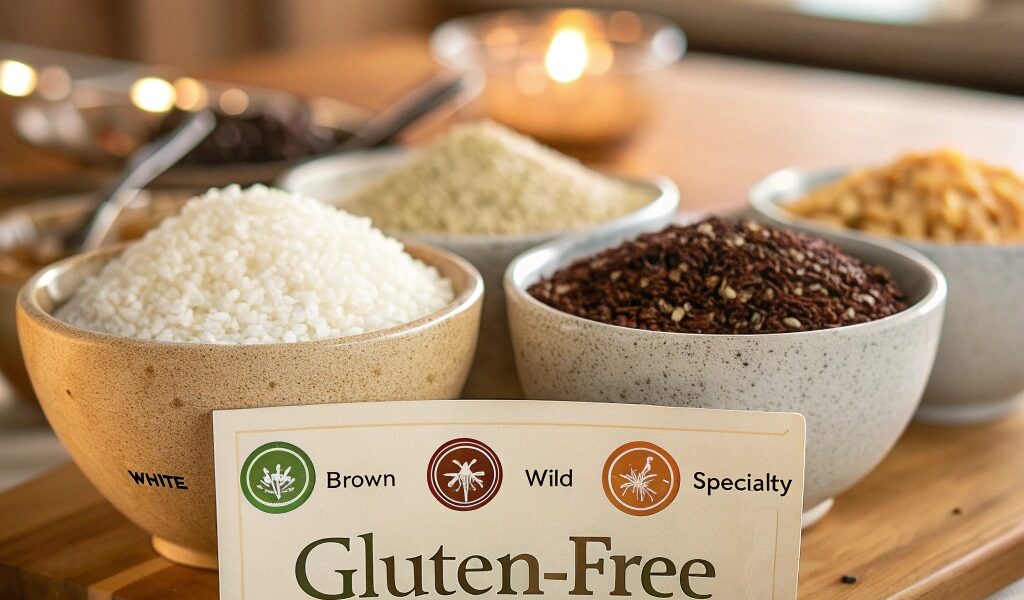 "Various types of rice in bowls, including white, brown, wild, and specialty rices, with a gluten-free certification logo for emphasis."