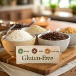 "Various types of rice in bowls, including white, brown, wild, and specialty rices, with a gluten-free certification logo for emphasis."