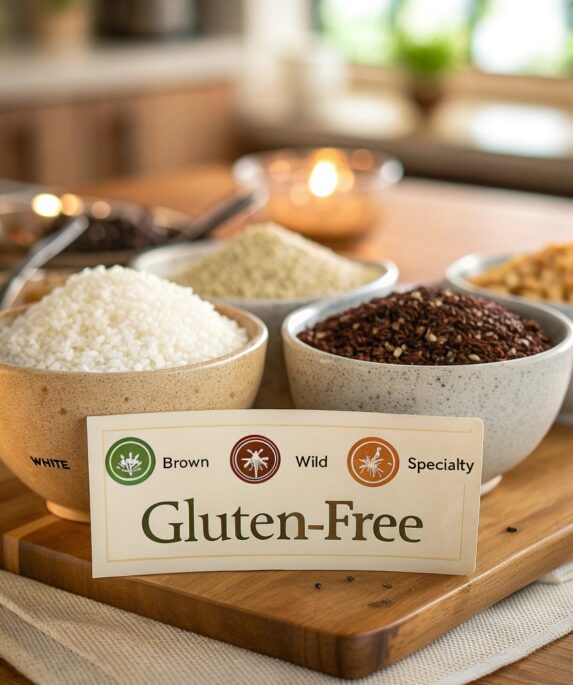 "Various types of rice in bowls, including white, brown, wild, and specialty rices, with a gluten-free certification logo for emphasis."