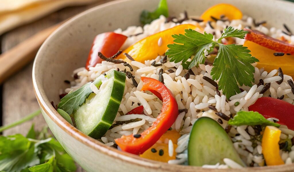 "A bowl of basmati and wild rice garnished with herbs and vegetables, highlighting their gluten-free benefits."