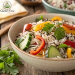 "A bowl of basmati and wild rice garnished with herbs and vegetables, highlighting their gluten-free benefits."