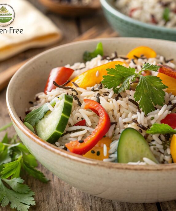 "A bowl of basmati and wild rice garnished with herbs and vegetables, highlighting their gluten-free benefits."