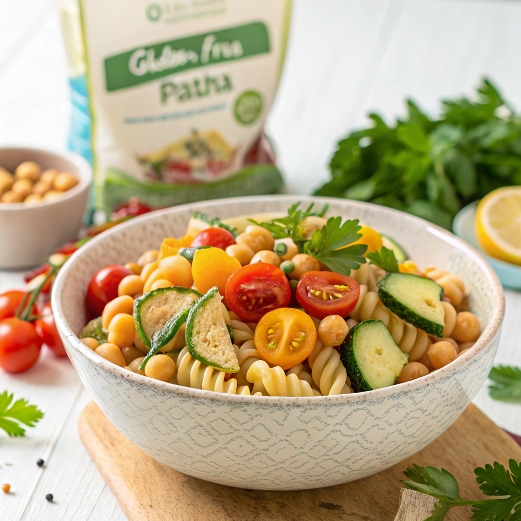 "A bowl of gluten-free pasta made from quinoa and chickpeas, topped with zucchini, cherry tomatoes, and parsley, highlighting healthy and sustainable eating."