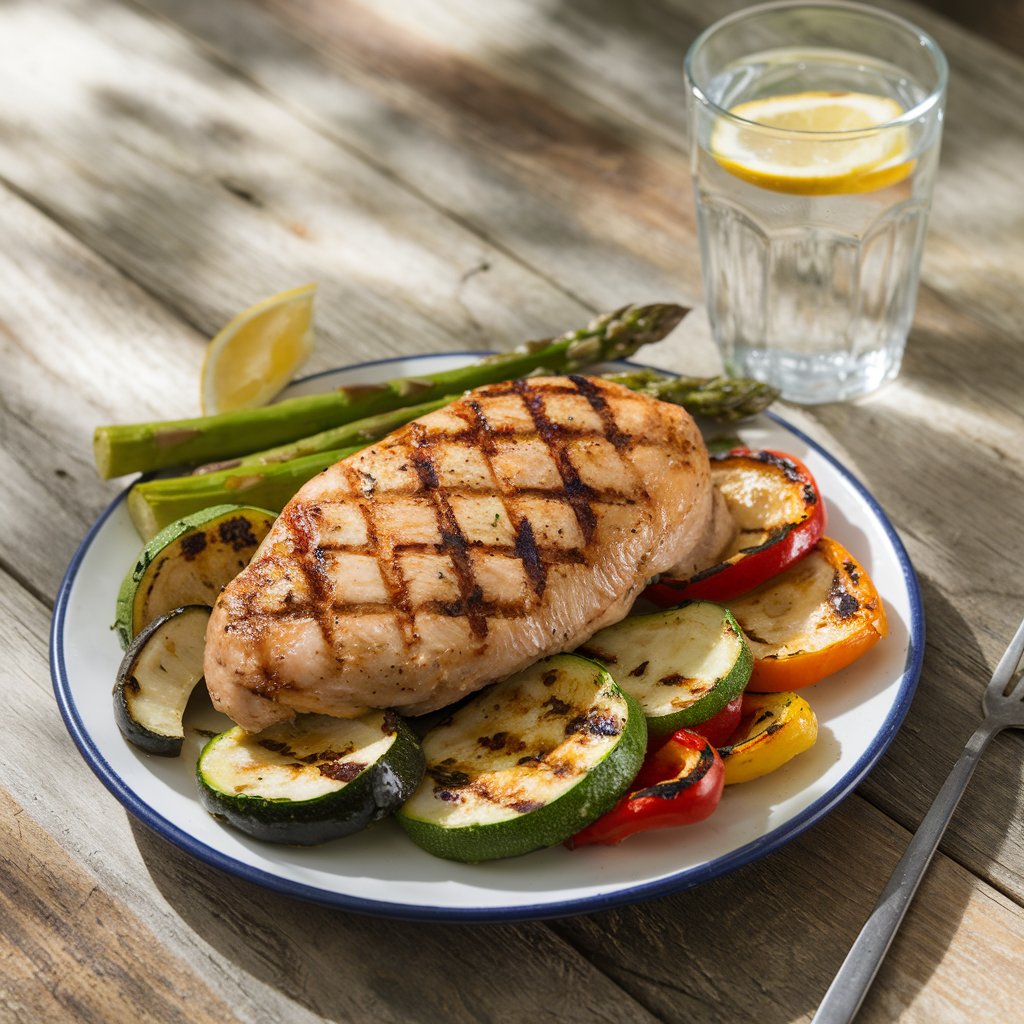 A plate of grilled chicken breast served with charred zucchini, bell peppers, and asparagus on a rustic wooden table with lemon water