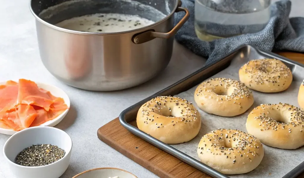 Homemade bagels in different stages: dough rings, boiling bagels, and freshly baked bagels with toppings like sesame seeds and poppy seeds.