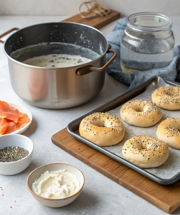 Homemade bagels in different stages: dough rings, boiling bagels, and freshly baked bagels with toppings like sesame seeds and poppy seeds.