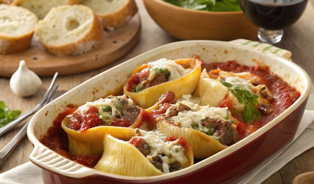 Beef stuffed shells in a baking dish, topped with marinara sauce, melted cheese, and fresh parsley, served with garlic bread and salad.