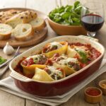 Beef stuffed shells in a baking dish, topped with marinara sauce, melted cheese, and fresh parsley, served with garlic bread and salad.