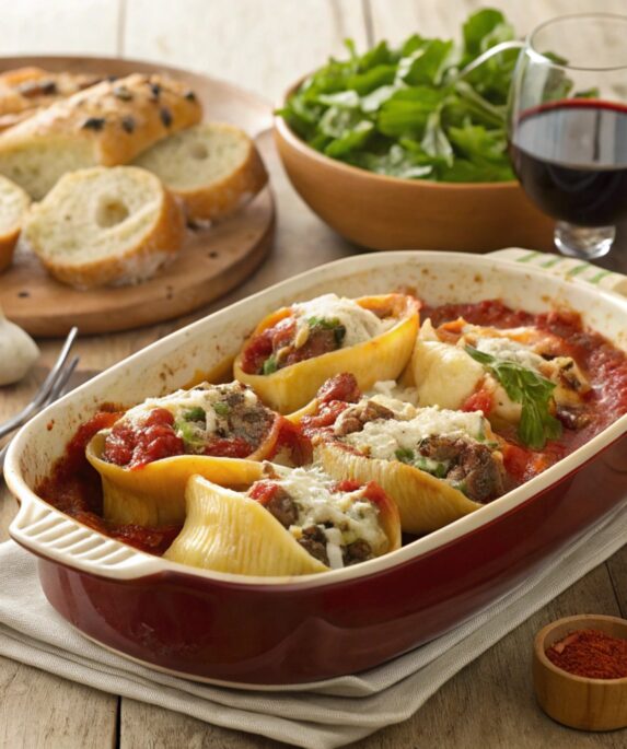 Beef stuffed shells in a baking dish, topped with marinara sauce, melted cheese, and fresh parsley, served with garlic bread and salad.