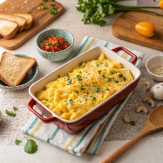 Fluffy oven scrambled eggs in a baking dish, surrounded by herbs, cheese, and toast, showcasing the perfect crowd-friendly recipe.