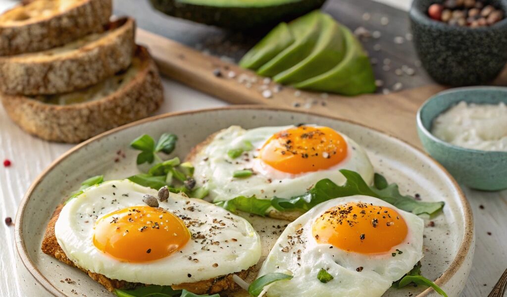 "Three styles of pasture-raised eggs: sunny-side-up, poached, and soft-boiled, served on a rustic plate with toast and avocado."