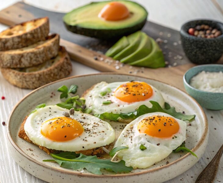 "Three styles of pasture-raised eggs: sunny-side-up, poached, and soft-boiled, served on a rustic plate with toast and avocado."