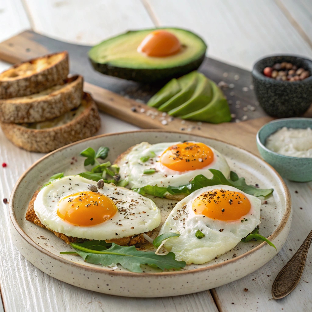 "Three styles of pasture-raised eggs: sunny-side-up, poached, and soft-boiled, served on a rustic plate with toast and avocado."