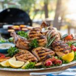 Platter of perfectly grilled chicken with charred marks, fresh herbs, roasted vegetables, and a bowl of dipping sauce in an outdoor BBQ setting.