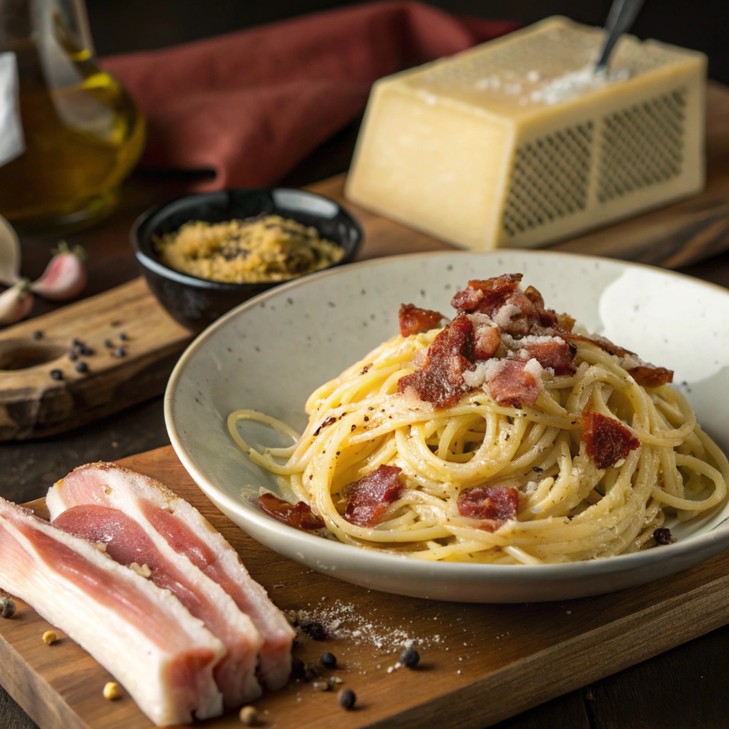 A plate of carbonara pasta with crispy pancetta and bacon, showcasing the key ingredient comparison in a rustic Italian setting.