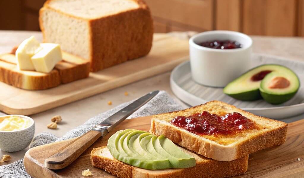 A side-by-side view of toasted and untoasted bread slices with toppings like butter, jam, and avocado on a wooden cutting board.