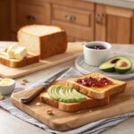 A side-by-side view of toasted and untoasted bread slices with toppings like butter, jam, and avocado on a wooden cutting board.