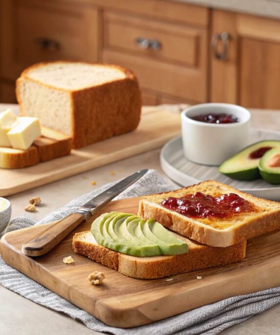 A side-by-side view of toasted and untoasted bread slices with toppings like butter, jam, and avocado on a wooden cutting board.