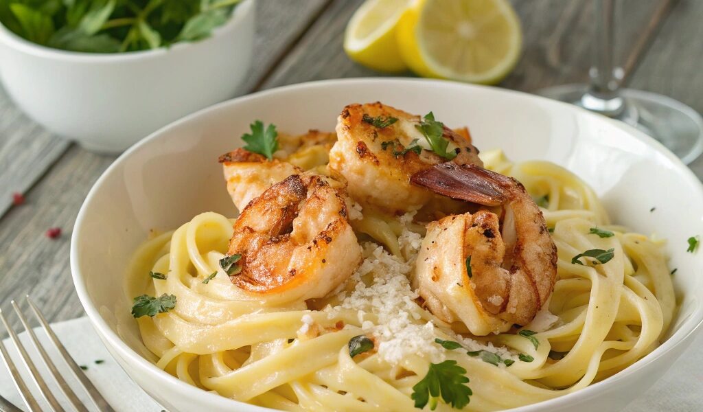 A bowl of shrimp pasta with seared shrimp, creamy sauce, fresh parsley, and grated Parmesan, served with a lemon wedge and white wine.