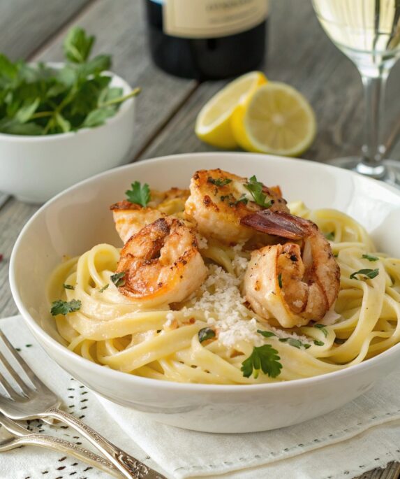 A bowl of shrimp pasta with seared shrimp, creamy sauce, fresh parsley, and grated Parmesan, served with a lemon wedge and white wine.