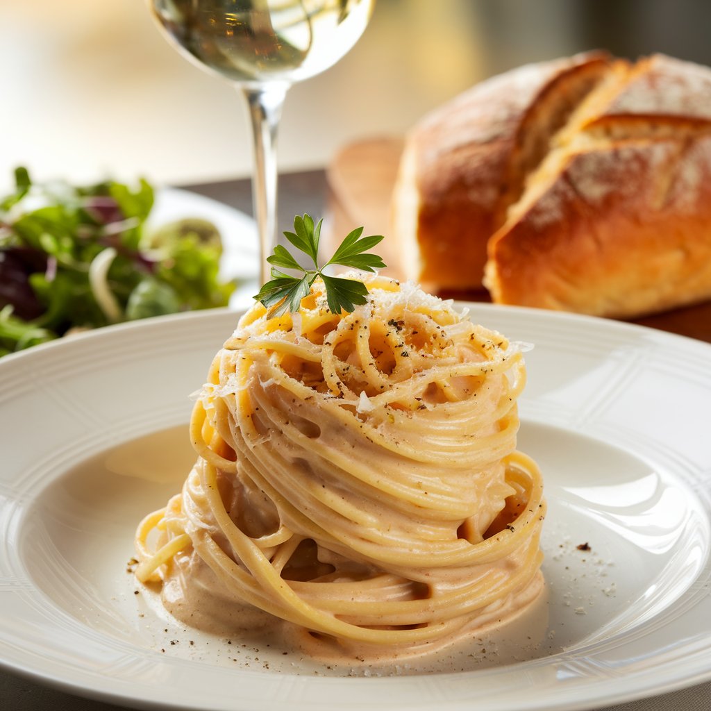 Spaghetti Carbonara plated elegantly with grated cheese and parsley, paired with a side salad and wine