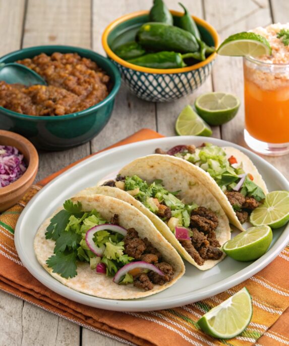 Beef tacos with seasoned meat, fresh toppings, and a side of guacamole and salsa.