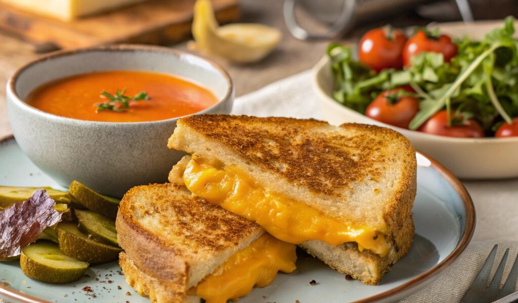 Golden, crispy grilled cheese sandwich with melted cheese and sides of tomato soup, salad, and pickles.